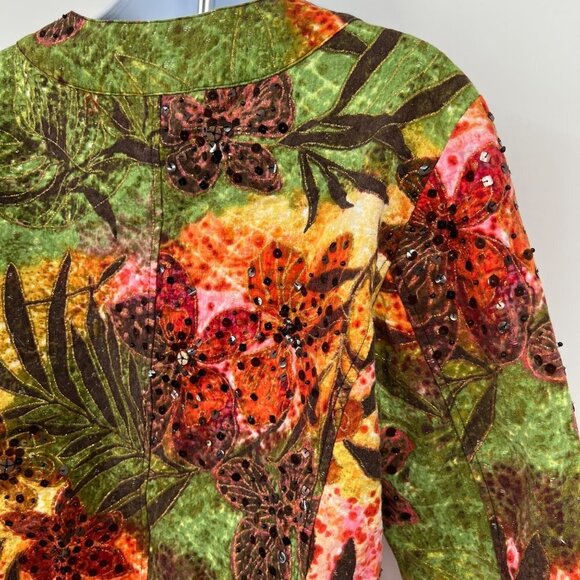 Chico's Collarless Blazer Jacket Beaded Leafy Sequin Floral Tropical Rain Forest - Picture 5 of 9